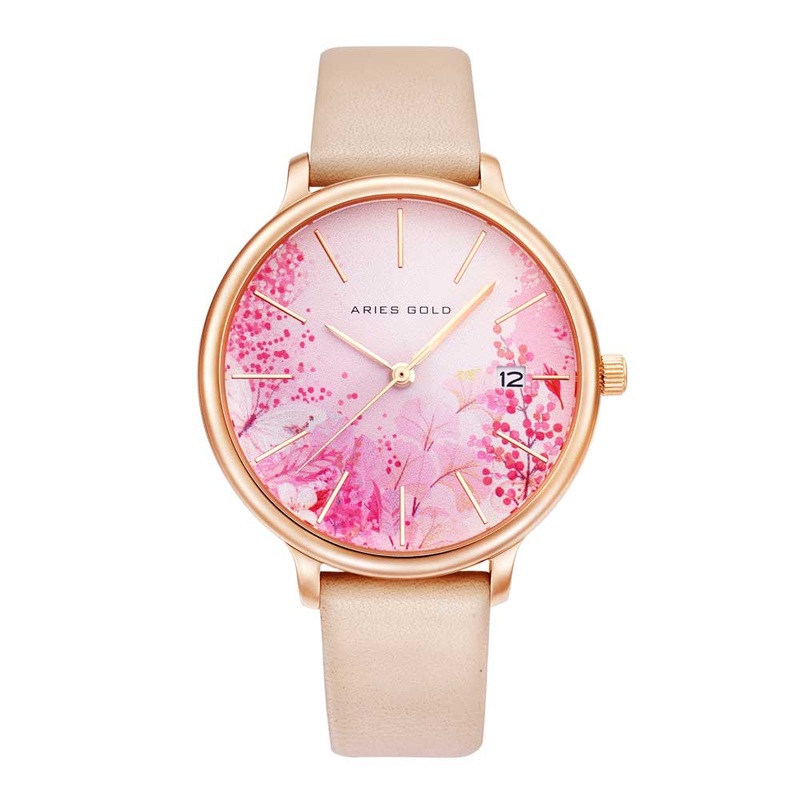 ARIES GOLD ENCHANT FLEUR ROSE GOLD STAINLESS STEEL L 5035 RG-PKFL LEATHER STRAP WOMEN’S WATCH