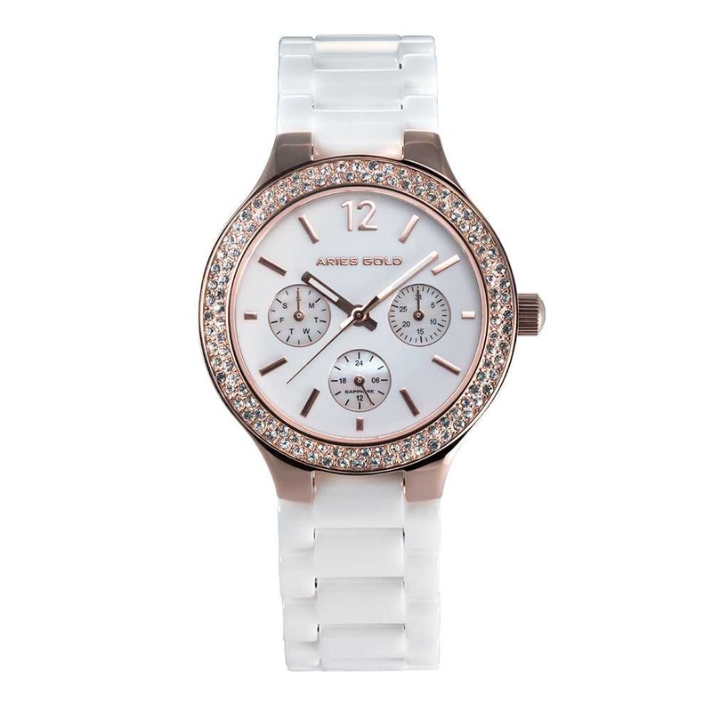 ARIES GOLD ENCHANT CONQUERESS ROSE GOLD STAINLESS STEEL L 5004Z RG-W WHITE CERAMIC STRAP WOMEN’S WATCH