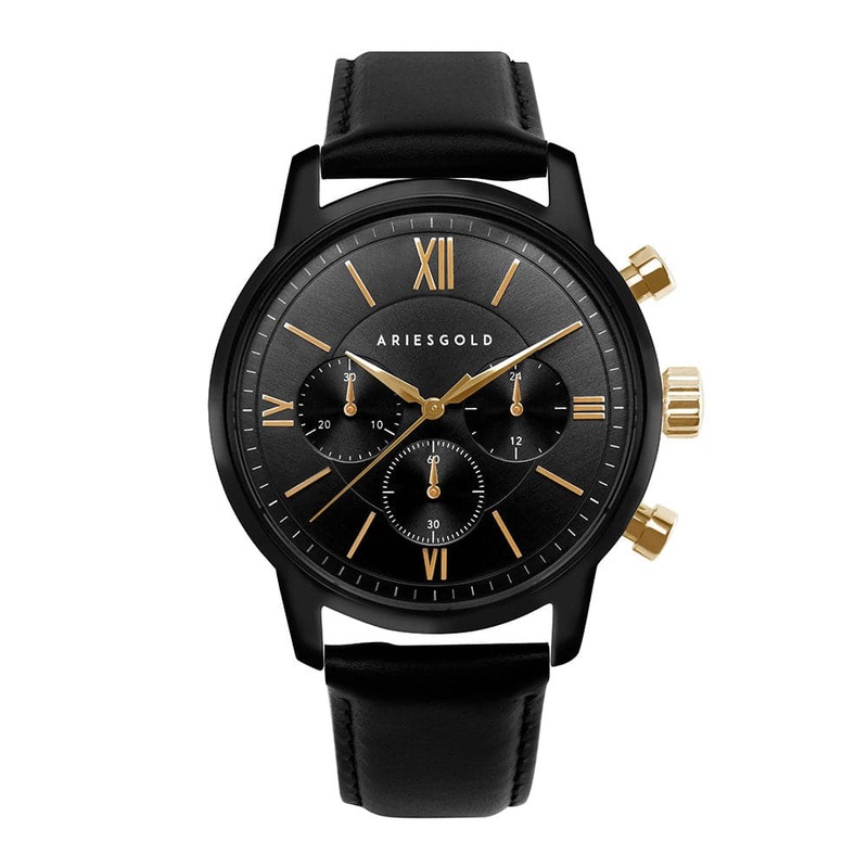 ARIES GOLD URBAN ETERNAL BLACK STAINLESS STEEL G 1027 BKG-BKG BLACK LEATHER STRAP MEN’S WATCH