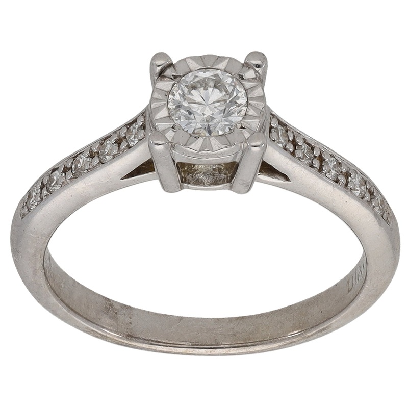 9ct White Gold 0.35ct Diamond Solitaire Ring With Accent Stones Size L