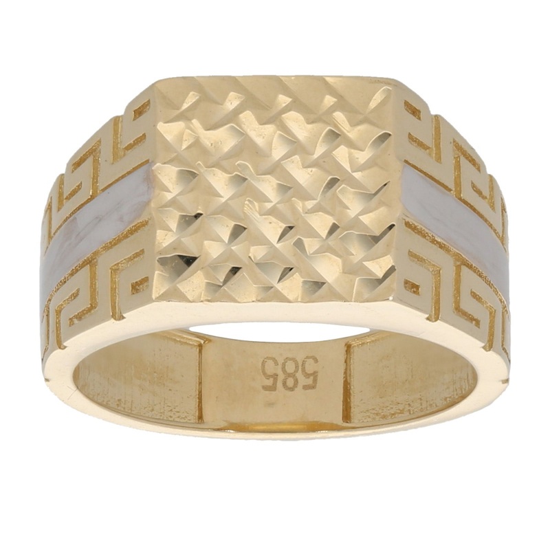 New 14ct Bi-Colour Gold Patterned Greek Key Signet Ring