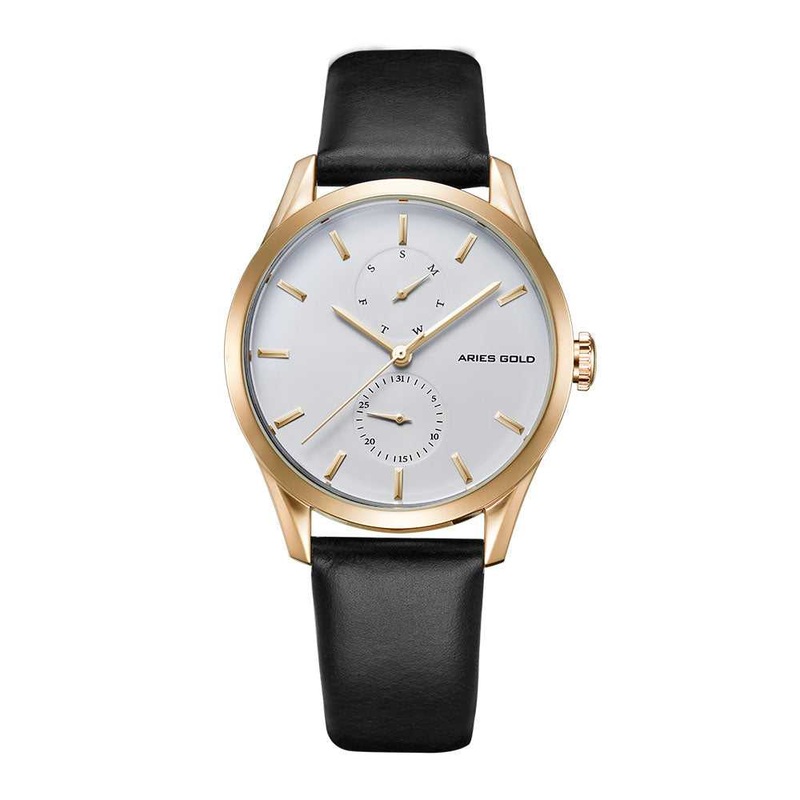 ARIES GOLD ENCHANT LIBERTY GOLD STAINLESS STEEL L 5031 G-W-L BLACK LEATHER STRAP WOMEN’S WATCH