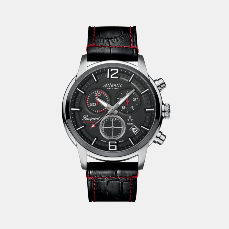 Atlantic Seasport Men Quartz Black Dial Chronograph Leather Watch 87461.42.45