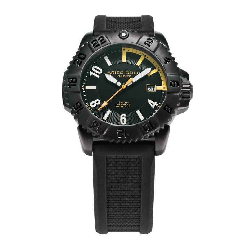 ARIES GOLD INSPIRE BLACK STAINLESS STEEL G 703R BK-YW RUBBER STRAP MEN’S WATCH