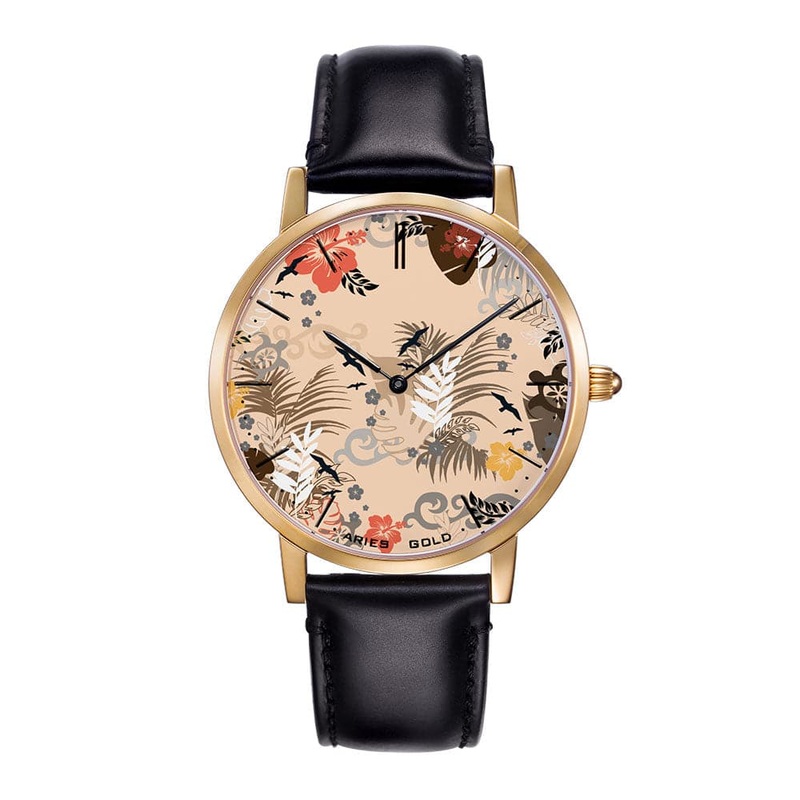 ARIES GOLD CUSTOMISED GOLD STAINLESS STEEL WATCH – NUDE FLORAL LEATHER STRAP WOMAN’S WATCH