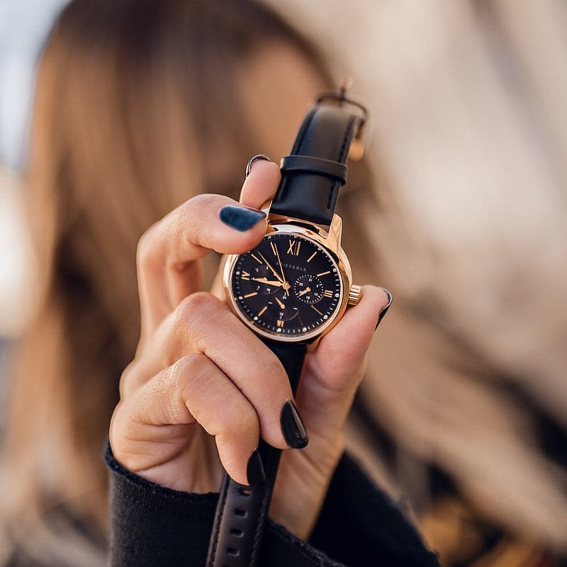 ARIES GOLD URBAN ETERNAL GOLD STAINLESS STEEL L 1028 G-BKG BLACK LEATHER STRAP WOMEN’S WATCH