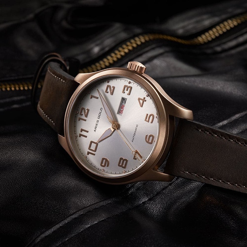 ARIES GOLD AUTOMATIC ESCALATE ROSE GOLD STAINLESS STEEL G 9017 RG-SRG BROWN LEATHER STRAP MEN’S WATCH