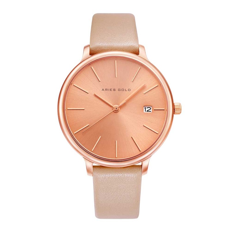 ARIES GOLD ENCHANT FLEUR ROSE GOLD STAINLESS STEEL L 5035 RG-RG LEATHER STRAP WOMEN’S WATCH