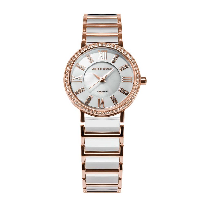ARIES GOLD ENCHANT GLITTER ROSE GOLD STAINLESS STEEL PS 310L RG-WHITE CERAMIC WOMEN’S WATCH