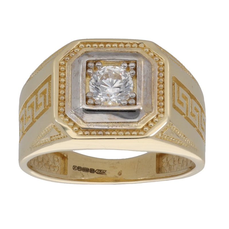 New 14ct Gold Greek Key Cubic Zirconia Signet Ring