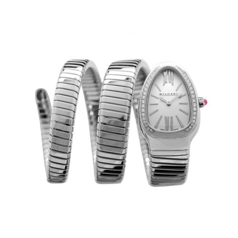 Serpenti Tubogas Quartz White Dial Diamond Bezel Rubellite Crown Ladies Watch