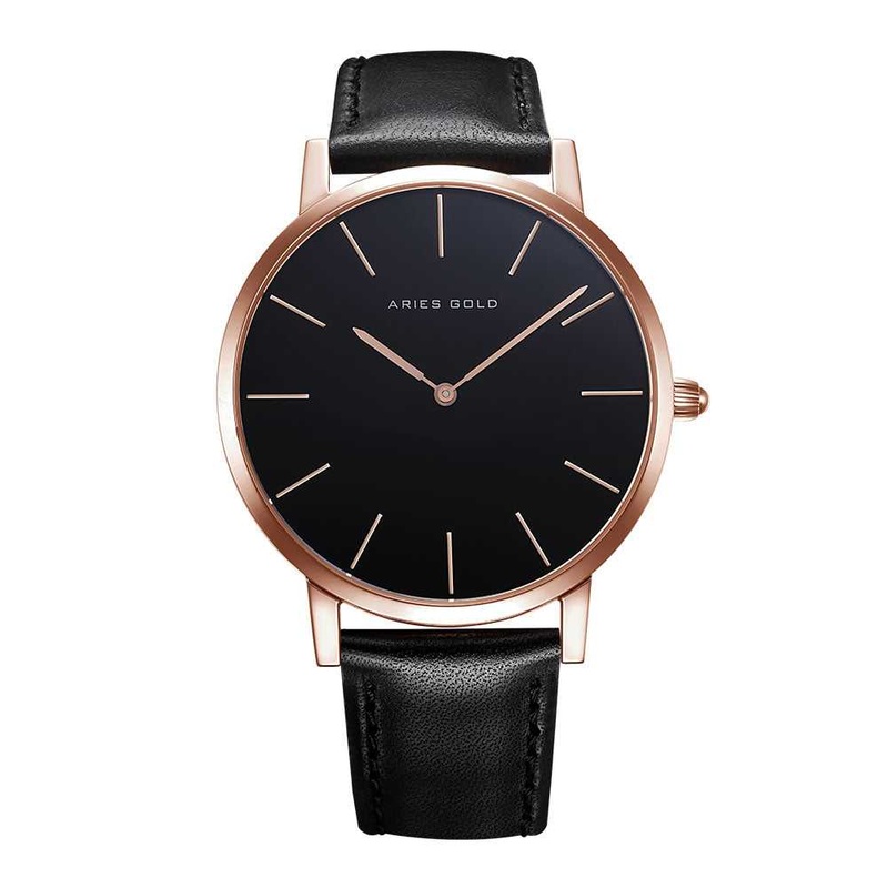 ARIES GOLD URBAN SANTOS ROSE GOLD STAINLESS STEEL G 1022 RG-BK BLACK LEATHER STRAP MEN’S WATCH