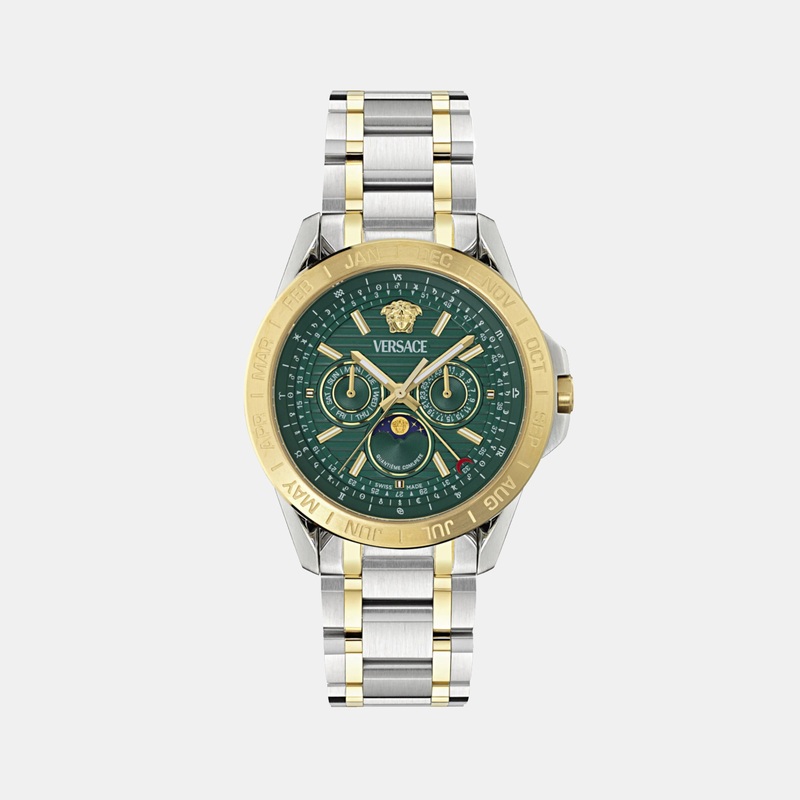 Versace Moonphase Men Quartz Green Dial Multi-Function Stainless Steel Watch VE0K00325