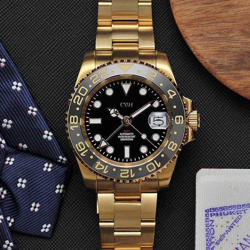 Golden Voyager – CWH Special Custom Collective GMT Master Date Display Gold Stainless Steel Mens Automatic Watch AG-MOD-M1