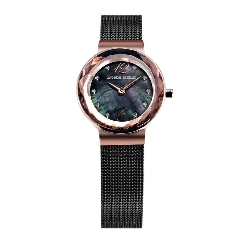 ARIES GOLD ENCHANT JEWEL COFFEE STAINLESS STEEL L 5026 CF-BKMOP MESH STRAP WOMEN’S WATCH