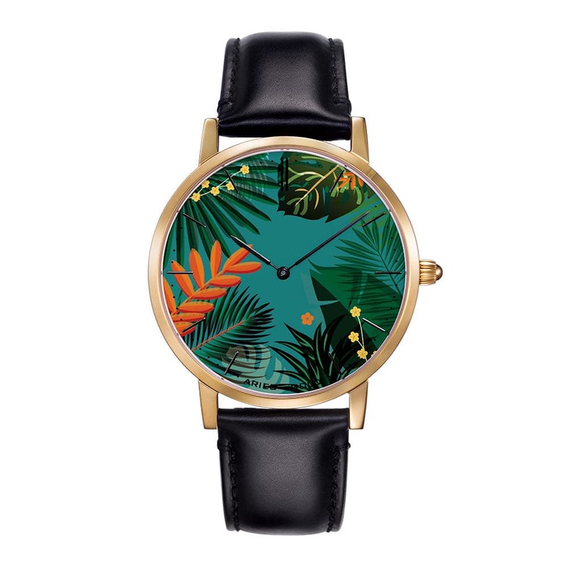 ARIES GOLD CUSTOMISED GOLD STAINLESS STEEL WATCH – GREEN FLORAL LEATHER STRAP WOMAN’S WATCH
