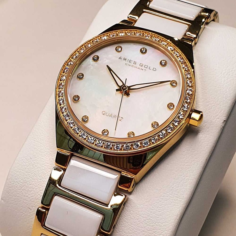 ARIES GOLD ENCHANT DIVA GOLD STAINLESS STEEL L 5014Z G-MOP WHITE CERAMIC WOMEN’S WATCH