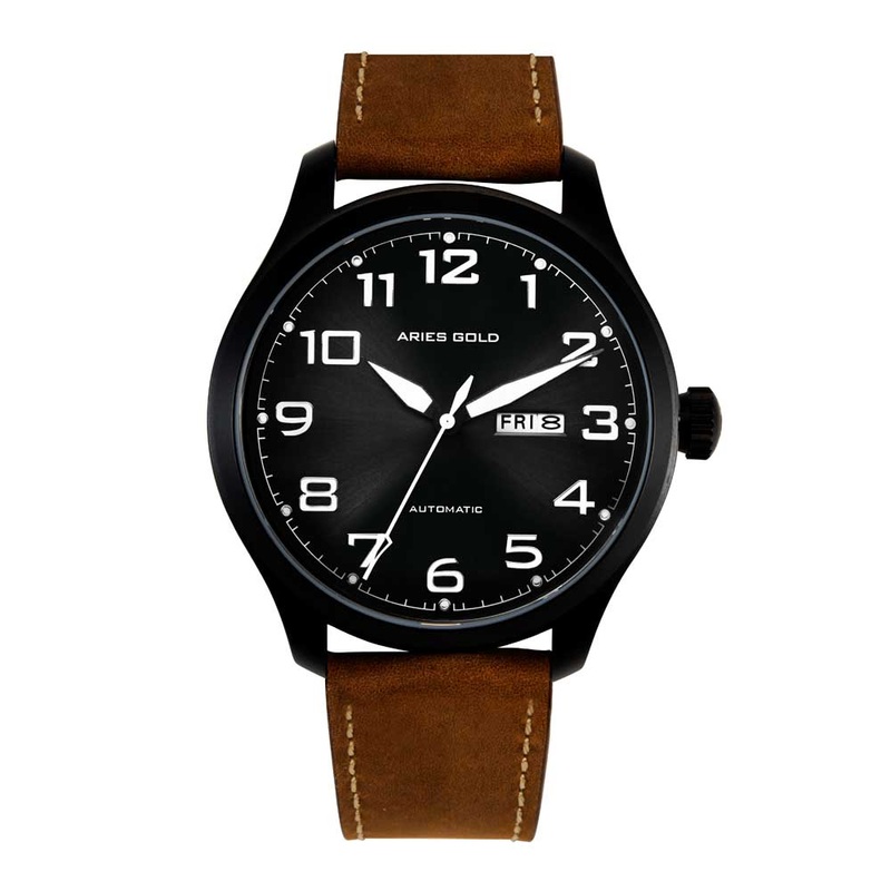 ARIES GOLD AUTOMATIC ESCALATE BLACK STAINLESS STEEL G 9017 BK-BK BROWN LEATHER STRAP MEN’S WATCH