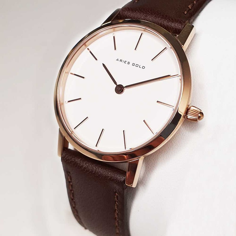 ARIES GOLD URBAN SANTOS ROSE GOLD STAINLESS STEEL L 1023 RG-W BROWN LEATHER STRAP WOMEN’S WATCH