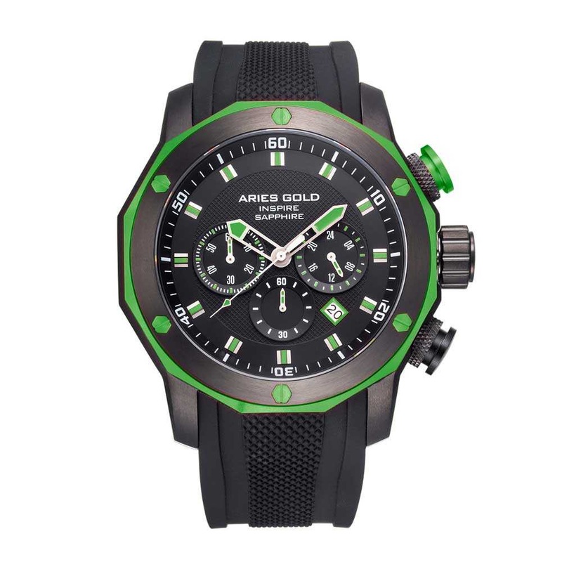 ARIES GOLD CHRONOGRAPH VENTURER GREEN STAINLESS STEEL G 7012Z BK-GN BLACK SILICONE STRAP MEN’S WATCH