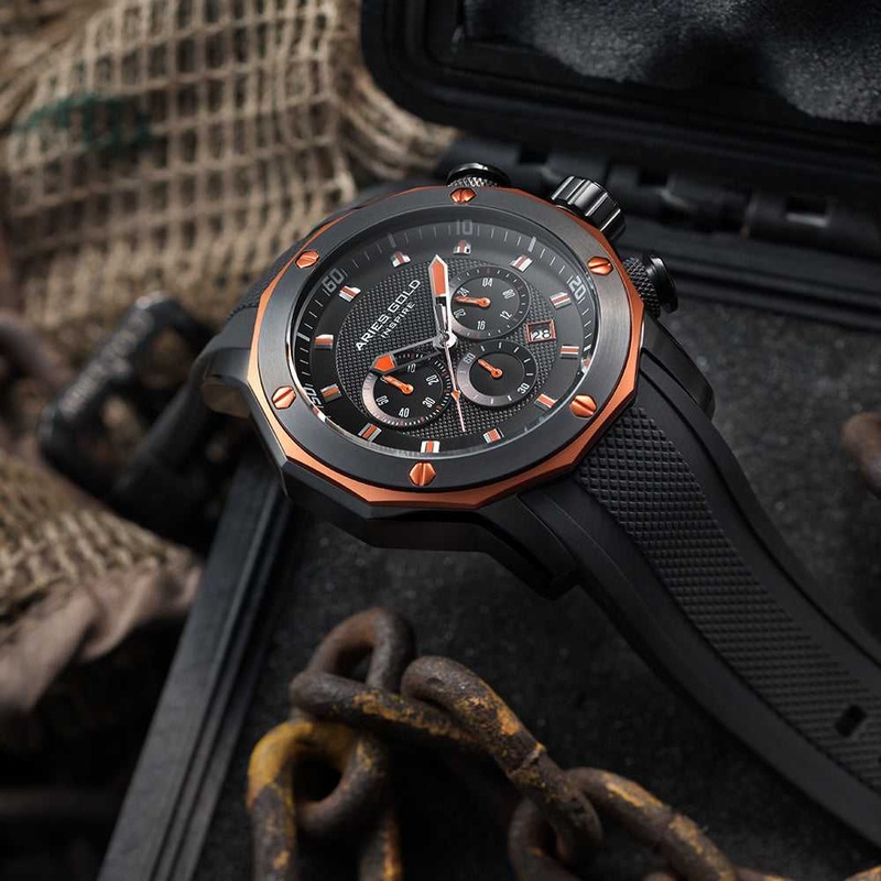 ARIES GOLD CHRONOGRAPH VENTURER ORANGE STAINLESS STEEL G 7012Z BK-OR BLACK SILICONE STRAP MEN’S WATCH