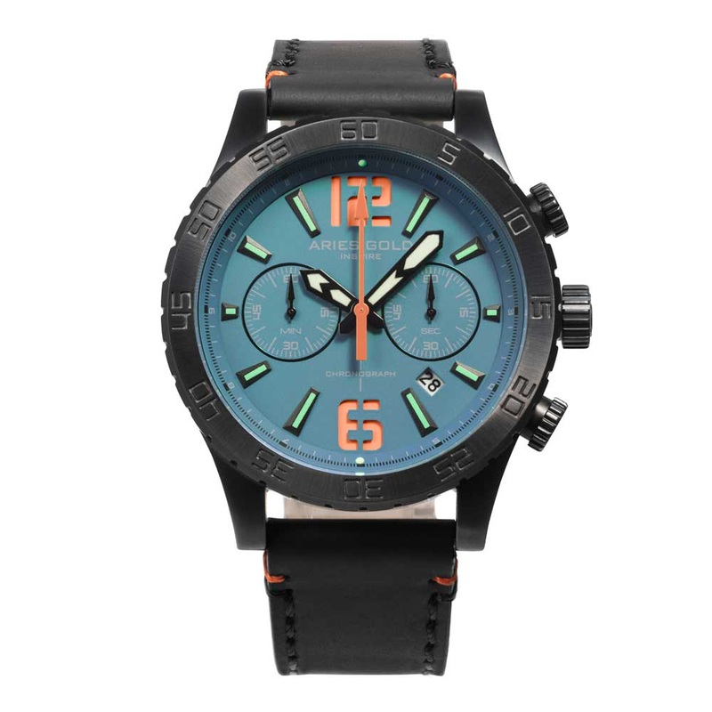 ARIES GOLD CHRONOGRAPH INSPIRE BLACK STAINLESS STEEL G 706 BK-BUOR LEATHER STRAP MEN’S WATCH