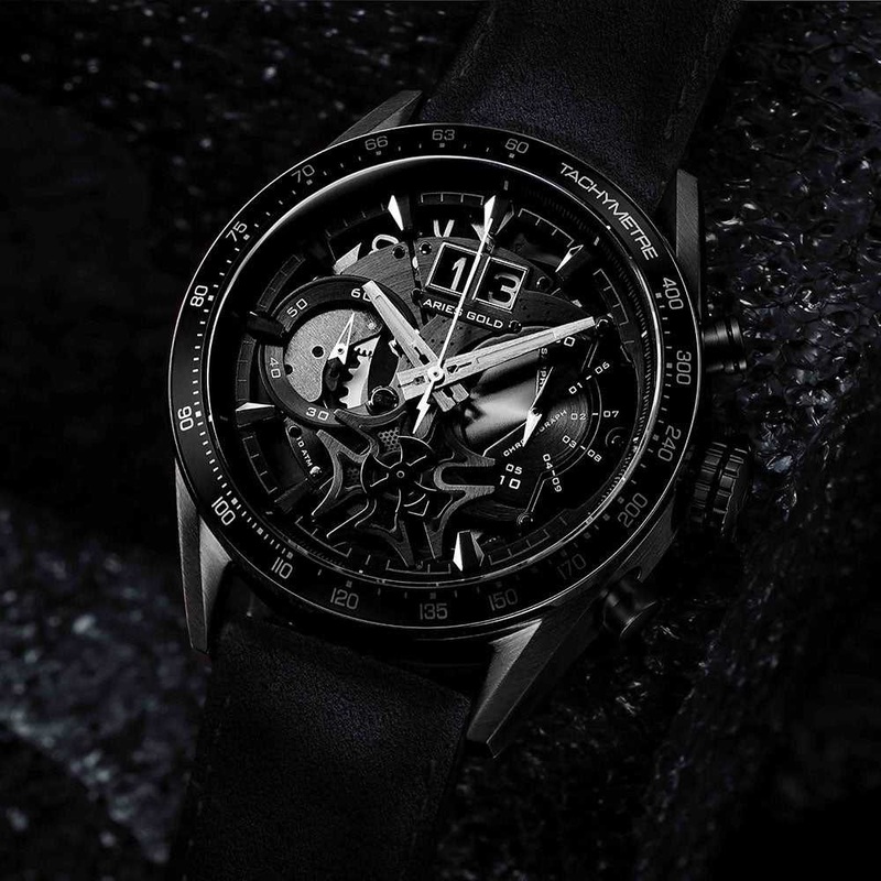 ARIES GOLD CHRONOGRAPH JOLTER BLACK STAINLESS STEEL G 7008 BK-BK LEATHER STRAP MEN’S WATCH