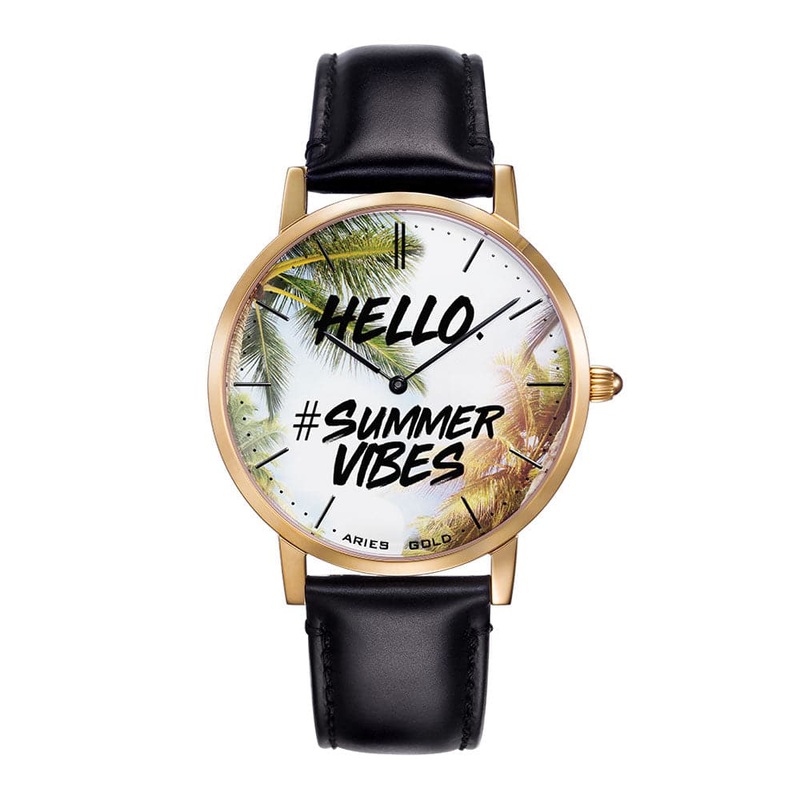 ARIES GOLD CUSTOMISED GOLD STAINLESS STEEL WATCH – HELLO SUMMER VIBES UNISEX LEATHER STRAP WATCH