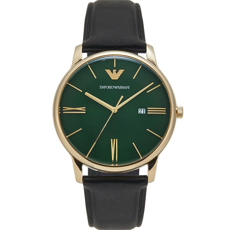 Emporio Armani Green Dial Black Leather Strap Men Watch AR11601