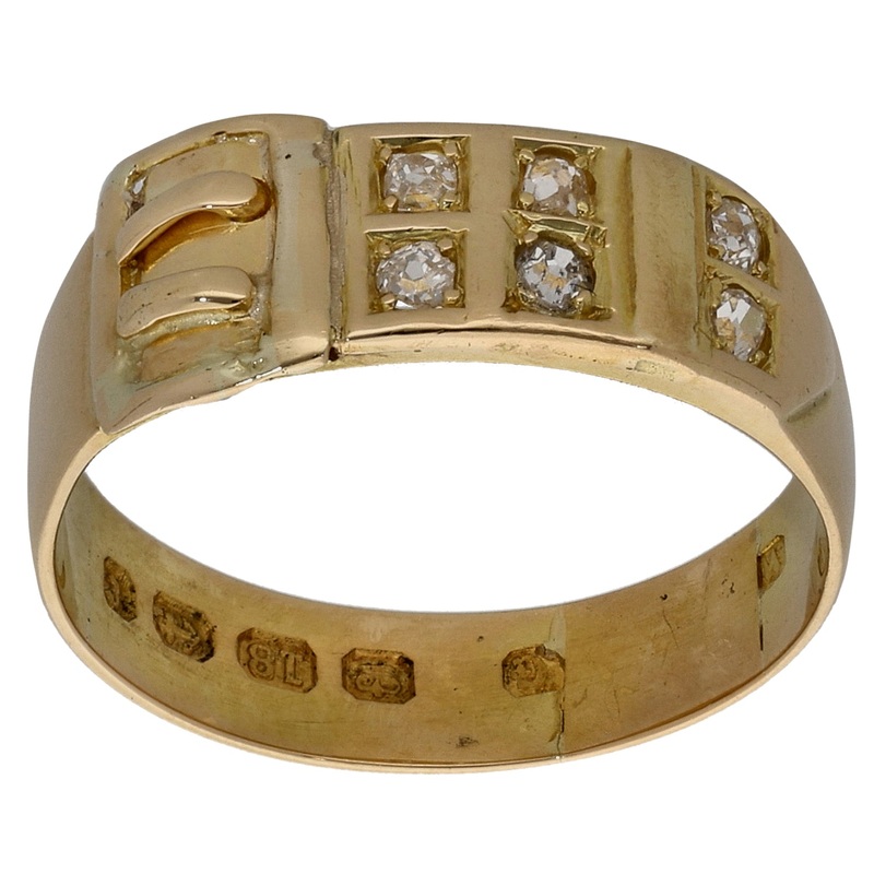 18ct Gold 0.18ct Diamond Buckle Ring Antique & Vintage Size O