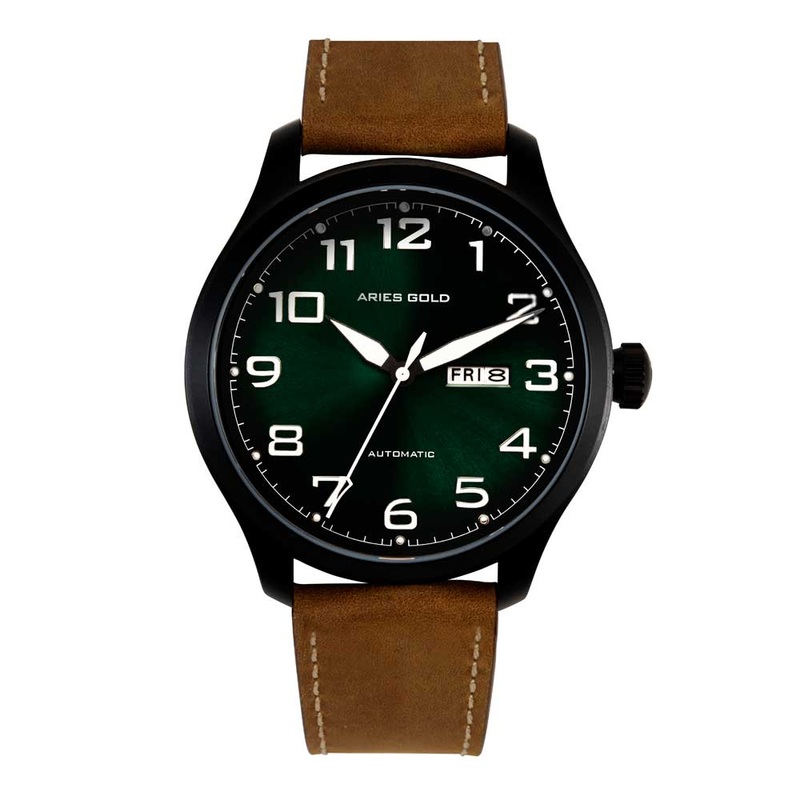 ARIES GOLD AUTOMATIC ESCALATE BLACK STAINLESS STEEL G 9017 BK-GN NUDE LEATHER STRAP MEN’S WATCH