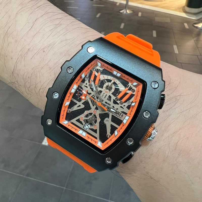 Megir Skeleton Dial Orange Silicone Strap Men Watch MN2218G-BKOR-1N11