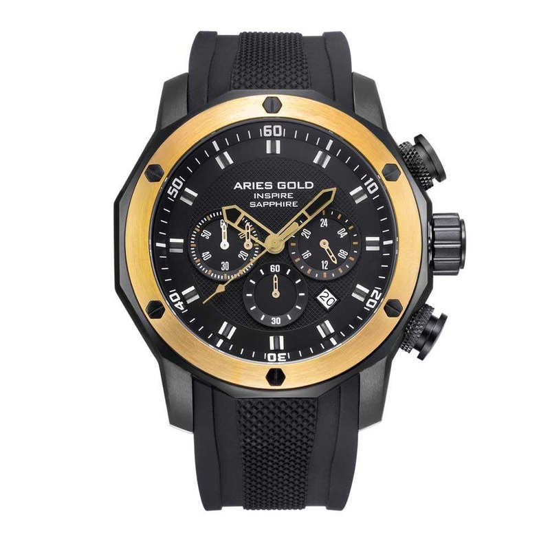 ARIES GOLD CHRONOGRAPH VENTURER GOLD STAINLESS STEEL G 7012Z BK-G BLACK SILICONE STRAP MEN’S WATCH