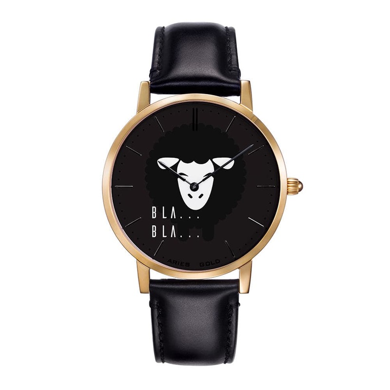 ARIES GOLD CUSTOMISED GOLD STAINLESS STEEL WATCH – BLA BLA BLACK UNISEX LEATHER STRAP WATCH