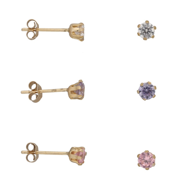 New 9ct Gold Set Of 3 CZ Stud Earrings