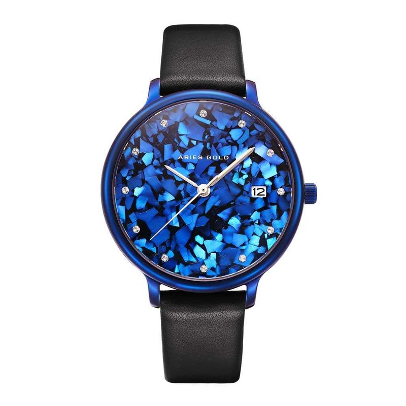 ARIES GOLD ENCHANT FLEUR BLUE L 5035 PUR-TL LEATHER STRAP WOMEN’S WATCH