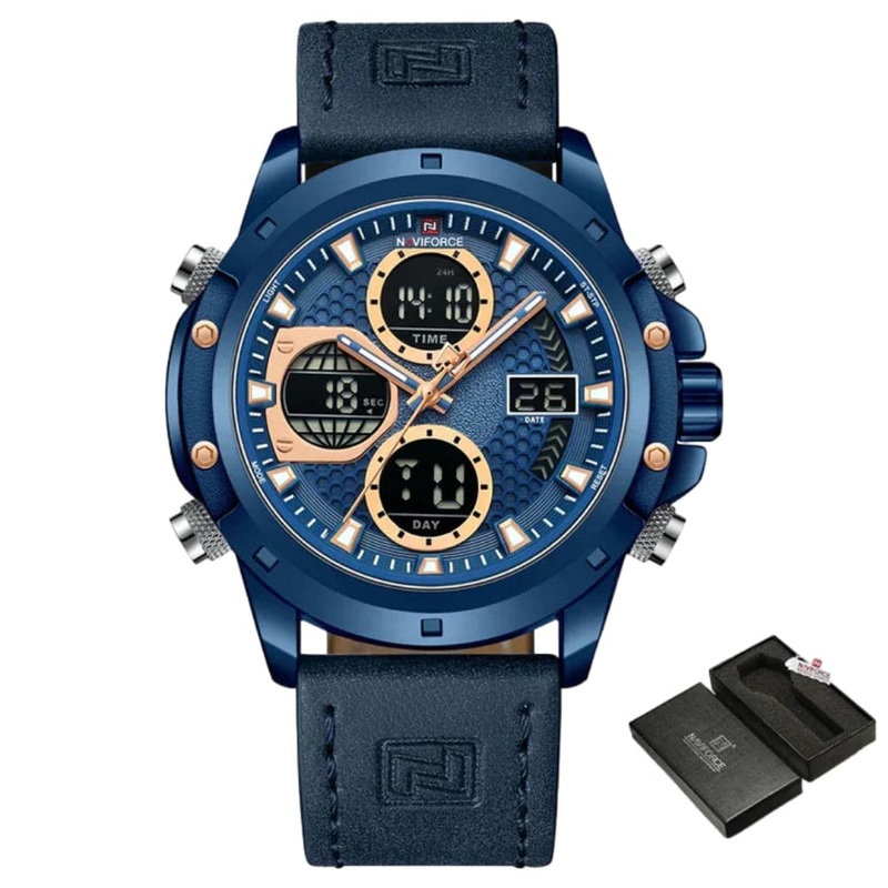 Naviforce Digital-Analogue Blue Leather Strap Men Watch NF9225 BE/BE/BE