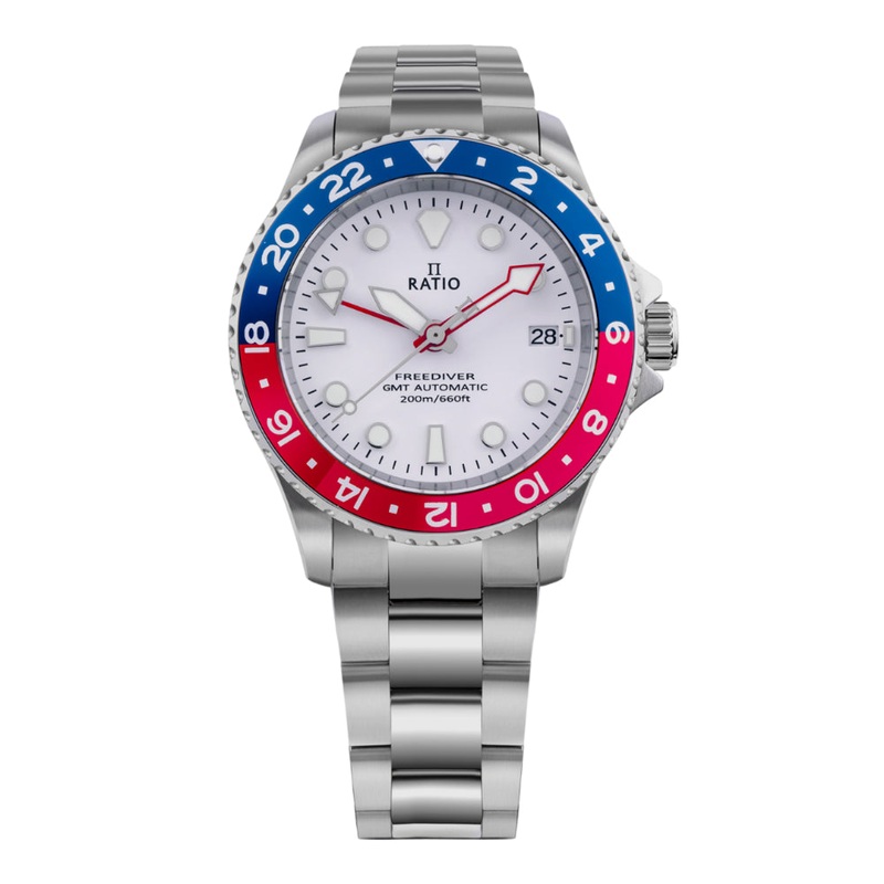 Ratio FreeDiver GMT Series Sapphire Stainless Steel White Dial Blue Red Pepsi Bezel Automatic RTF061 200M Men’s Watch