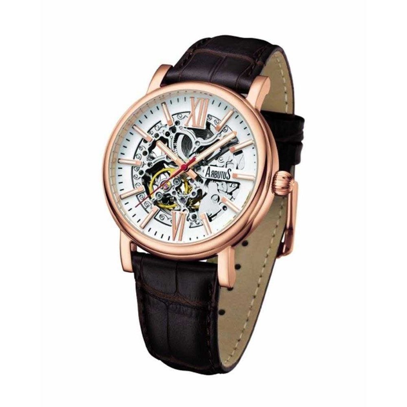 ARBUTUS AUTOMATIC ROSE GOLD STAINLESS STEEL AR911RWF BROWN LEATHER STRAP MEN’S WATCH