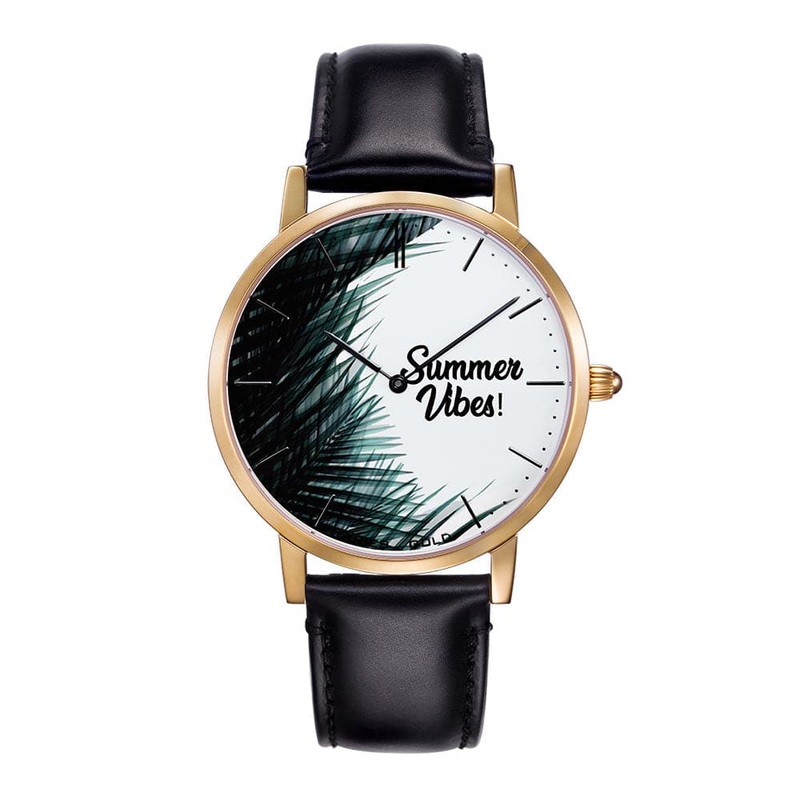 ARIES GOLD CUSTOMISED GOLD STAINLESS STEEL WATCH – SUMMER VIBES PALM LEAVES UNISEX LEATHER STRAP WATCH