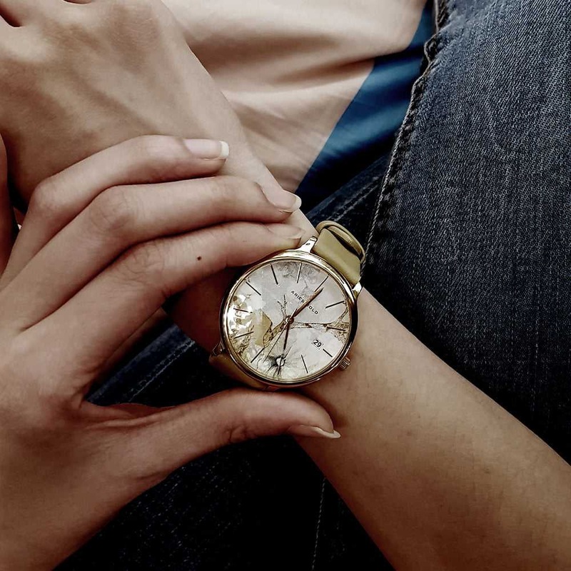 ARIES GOLD ENCHANT FLEUR GOLD STAINLESS STEEL L 5035 G-ORFL LEATHER STRAP WOMEN’S WATCH