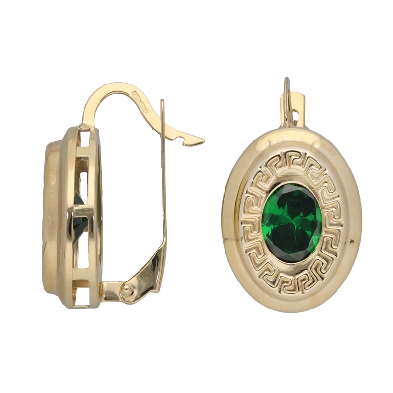 New 14ct Gold Green Cubic Zirconia Greek Key Earrings