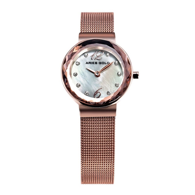 ARIES GOLD ENCHANT JEWEL ROSE GOLD STAINLESS STEEL L 5026 RD-MOP MESH STRAP WOMEN’S WATCH