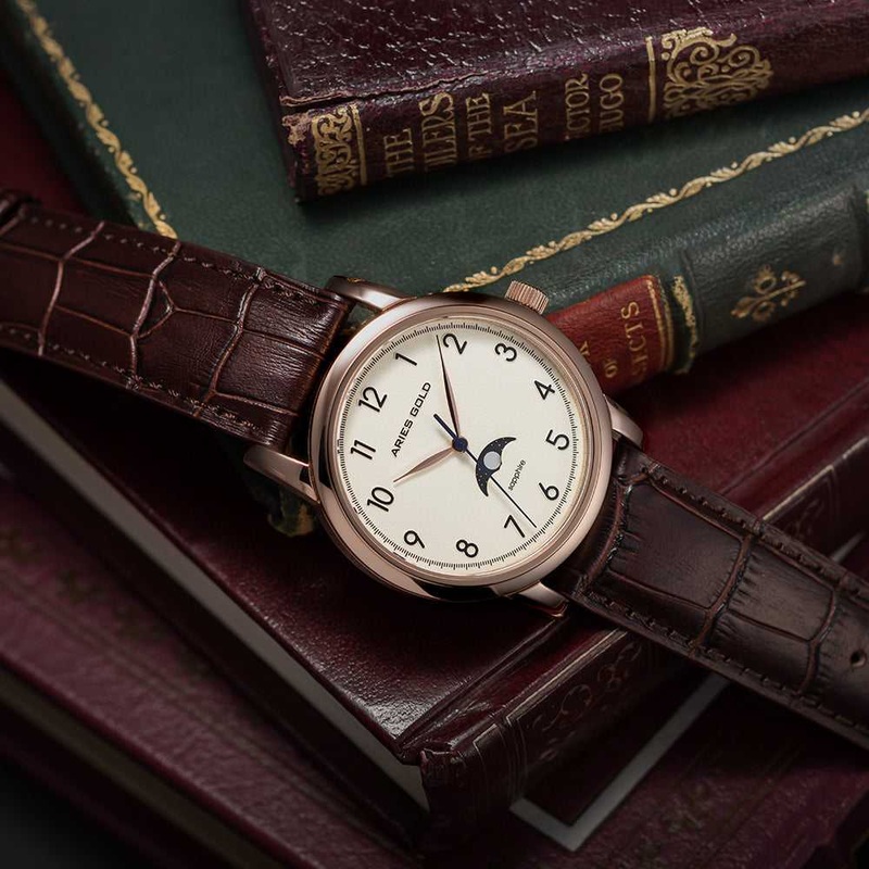 ARIES GOLD URBAN ROSE GOLD STAINLESS STEEL ETIENNE G 1003 RG-BEI BROWN LEATHER STRAP MEN’S WATCH