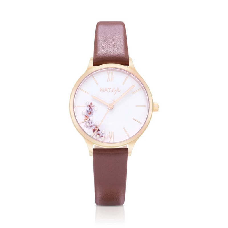 Natbyj First Love White Dial Brown Leather Strap Women Watch NAT0605