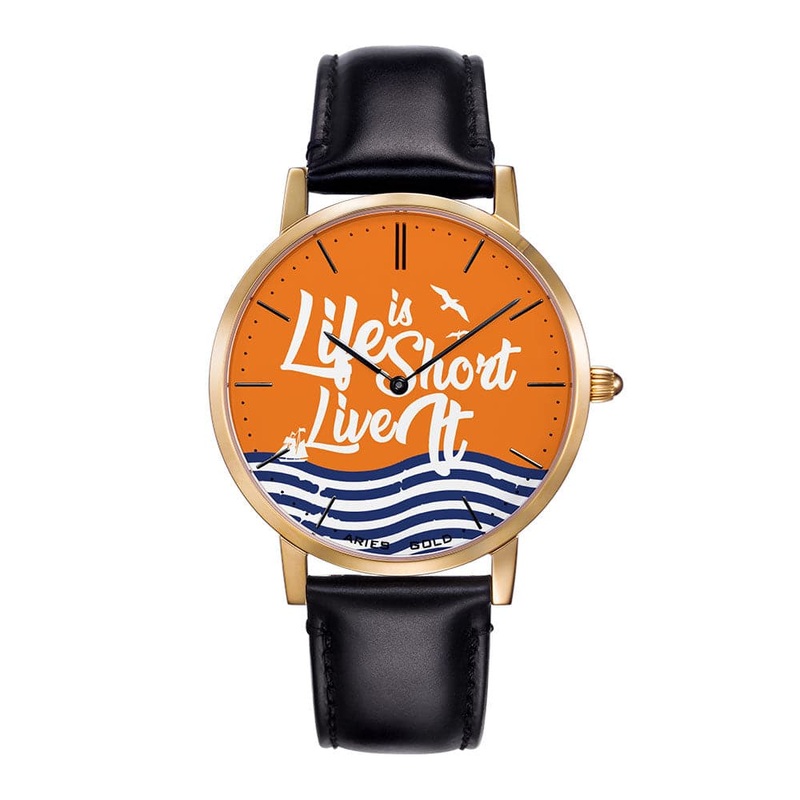 ARIES GOLD CUSTOMISED GOLD STAINLESS STEEL WATCH – LIFE IS SHORT LIVE IT ORANGE UNISEX LEATHER STRAP WATCH
