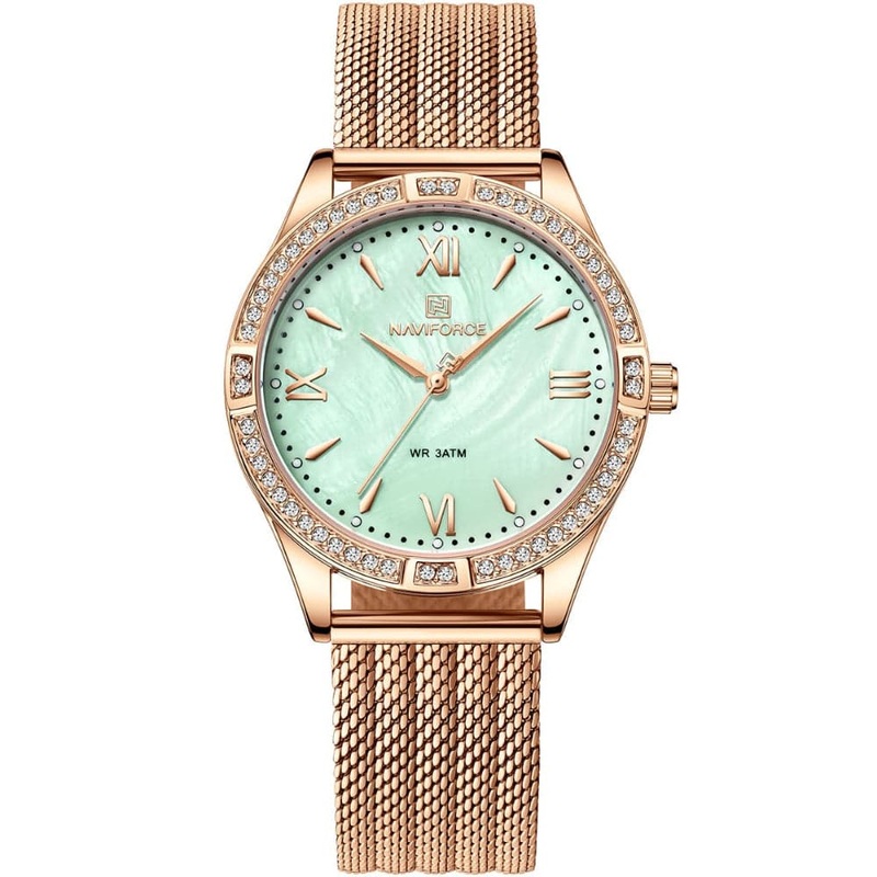Naviforce Green Dial Rose Gold Milanese Strap Women Watch NF5028 RG/GN