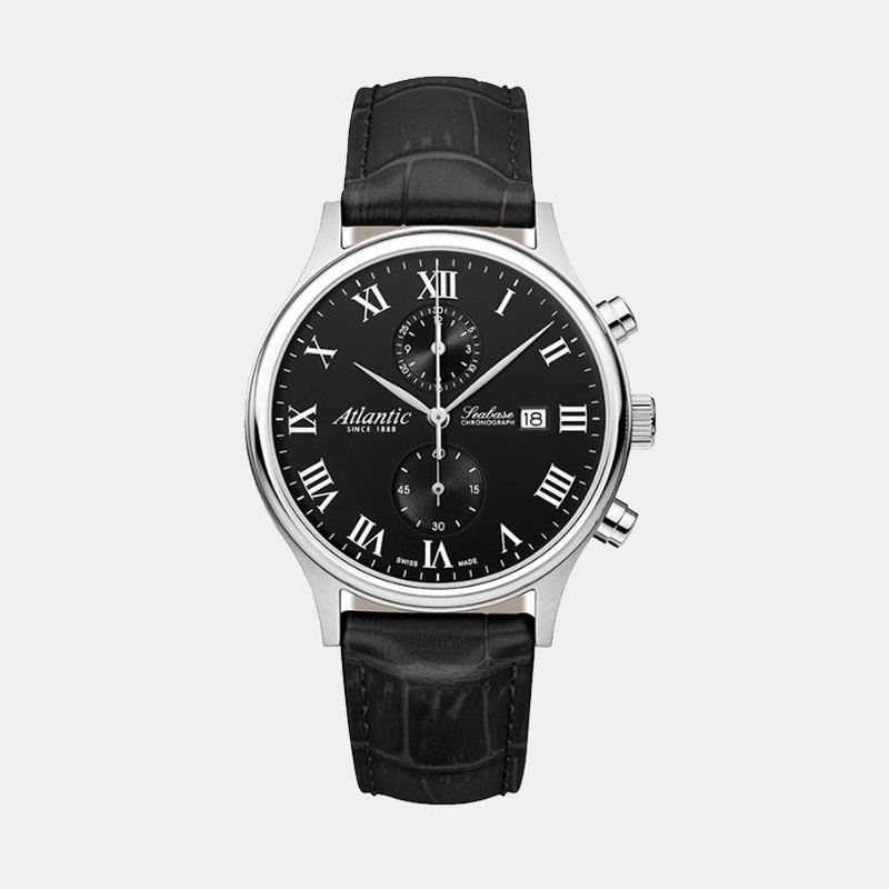 Atlantic Men Quartz Black Dial Chronograph Leather Watch 64452.41.68