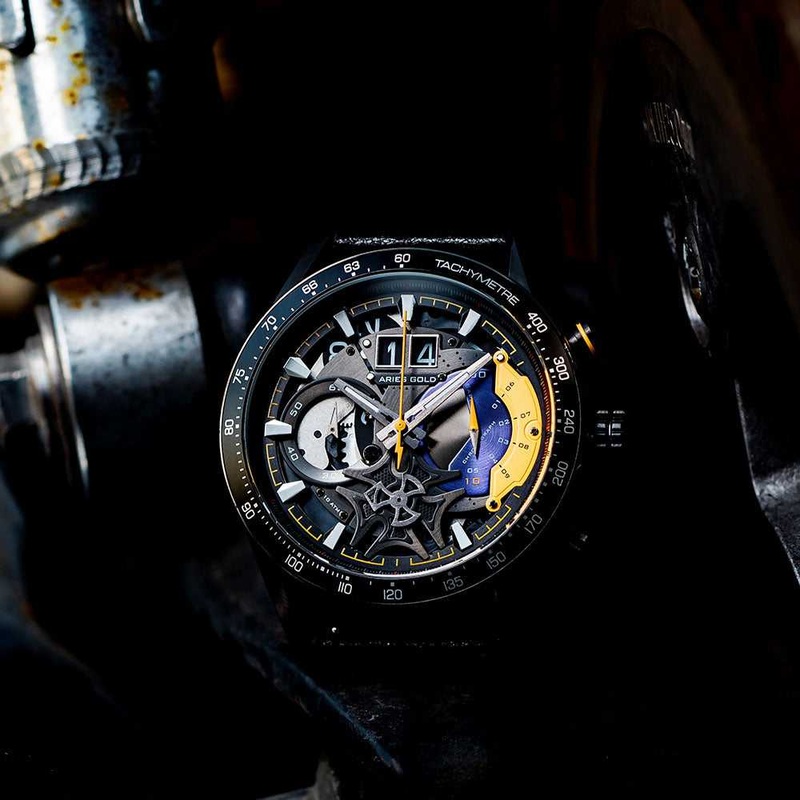 ARIES GOLD CHRONOGRAPH JOLTER BLACK STAINLESS STEEL G 7008 BK-YW LEATHER STRAP MEN’S WATCH