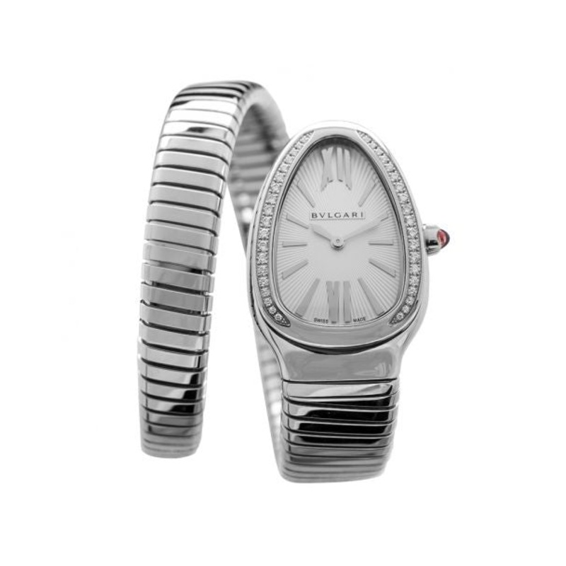 Serpenti Quartz Diamond White Dial Diamond Bezel Rubellite Crown Ladies Watch